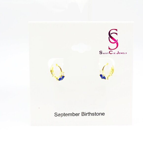 SAVVY CIE JEWELRY September Birthstone Gold Plated Blue & Clear CZ Hoop Earrings - Picture 5 of 5